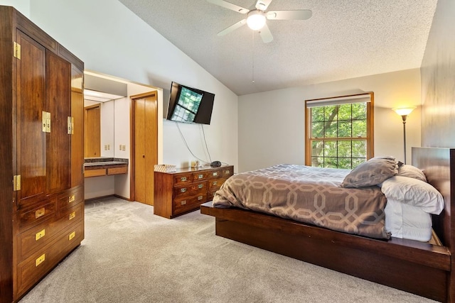 16503 Biscayne Blvd, Eden Prairie, MN 55347 - bedroom featuring light carpet, lofted ceiling, a textured ceiling, and ceiling fan