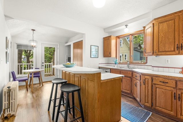 784 Fairview Ave N, Saint Paul, MN 55104 - kitchen with radiator, a kitchen island, light countertops, wood finished floors, and a kitchen bar