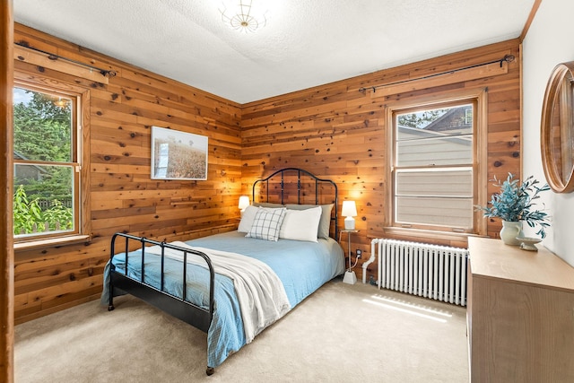784 Fairview Ave N, Saint Paul, MN 55104 - bedroom featuring radiator, light carpet, wooden walls, and a textured ceiling