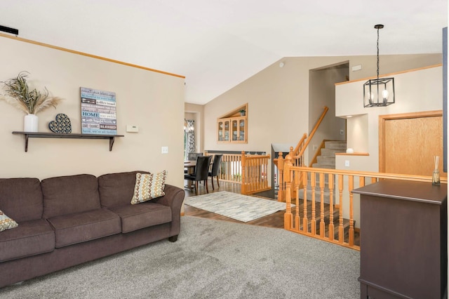 2174 Ponds Way, Shakopee, MN 55379 - living room with a chandelier, lofted ceiling, and stairway