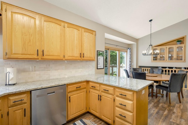 2174 Ponds Way, Shakopee, MN 55379 - kitchen featuring stainless steel dishwasher, a peninsula, tasteful backsplash, and dark wood finished floors