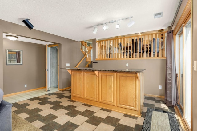 2174 Ponds Way, Shakopee, MN 55379 - kitchen featuring a textured ceiling, light floors, dark stone counters, and light brown cabinets