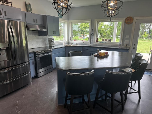 19 Sandbar Rd, Tracy, MN 56175 - kitchen with appliances with stainless steel finishes, gray cabinets, ventilation hood, backsplash, and dark countertops