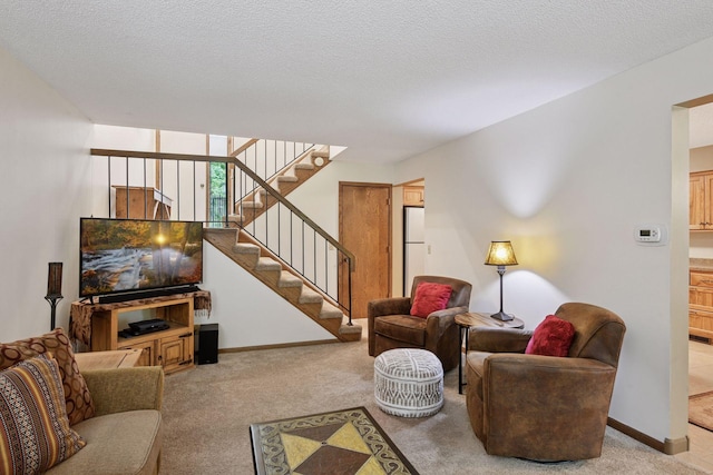 1648 Comstock Ln N, Plymouth, MN 55447 - living room with light colored carpet, stairway, and a textured ceiling