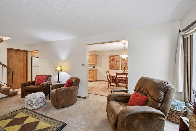 1648 Comstock Ln N, Plymouth, MN 55447 - living area with light colored carpet, stairs, and a textured ceiling