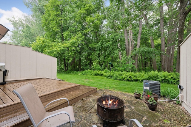 1648 Comstock Ln N, Plymouth, MN 55447 - view of grassy yard featuring an outdoor fire pit and a wooden deck