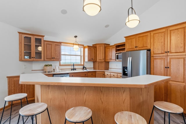 360 Karens Way NW, Alexandria, MN 56308 - kitchen with appliances with stainless steel finishes, lofted ceiling, light countertops, and a kitchen breakfast bar