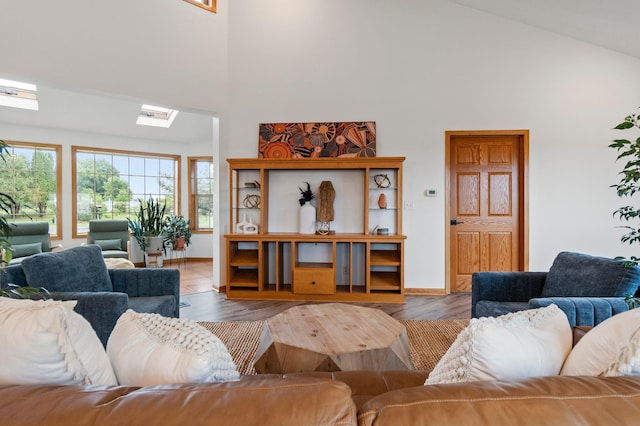 360 Karens Way NW, Alexandria, MN 56308 - living area featuring high vaulted ceiling, a skylight, and wood finished floors