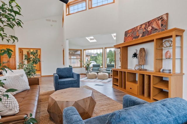 360 Karens Way NW, Alexandria, MN 56308 - living room featuring a towering ceiling, a skylight, and wood finished floors