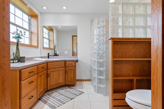360 Karens Way NW, Alexandria, MN 56308 - full bath with vanity, a walk in shower, tile patterned floors, and recessed lighting