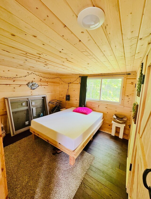 41251 Turtle Lake Rd, Stokes Twp, MN 56628 - bedroom with wooden walls, wooden ceiling, and dark wood-type flooring