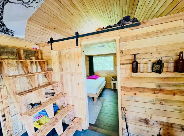 41251 Turtle Lake Rd, Stokes Twp, MN 56628 - bedroom with a barn door, wood walls, and wood ceiling