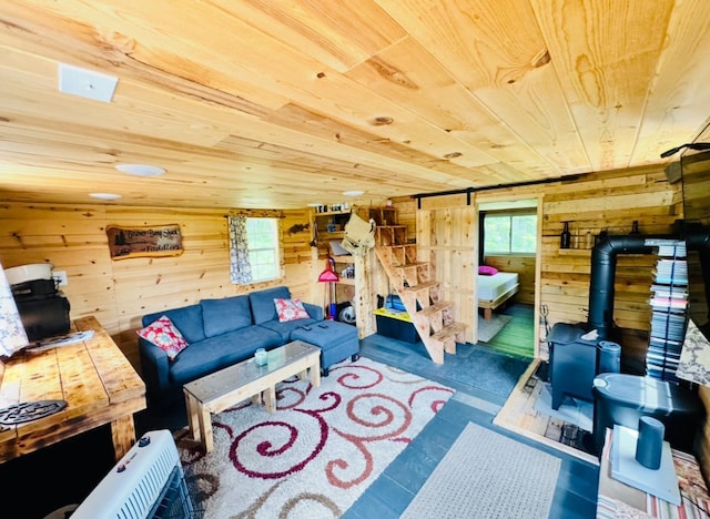 41251 Turtle Lake Rd, Stokes Twp, MN 56628 - living room with a wood stove, wooden ceiling, and wood walls