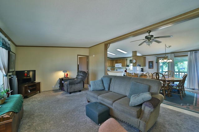 30348 422nd Ln, Aitkin, MN 56431 - living room with ceiling fan, carpet, and crown molding