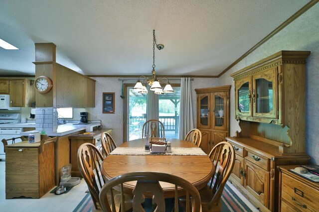 30348 422nd Ln, Aitkin, MN 56431 - dining area with lofted ceiling, crown molding, a textured ceiling, french doors, and a chandelier