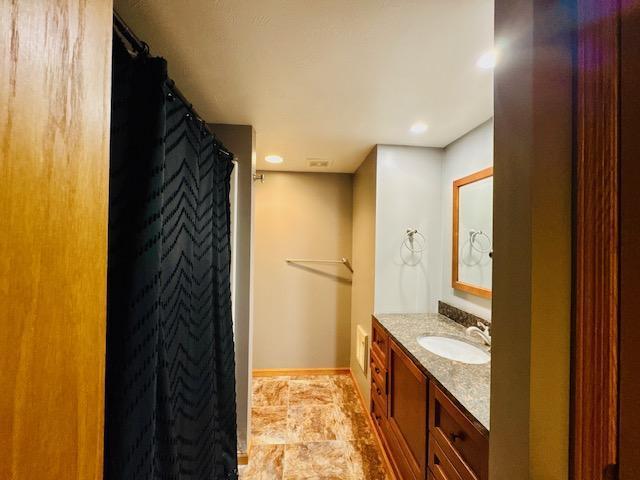 3033 Redwood Ave, Slayton, MN 56172 - bathroom featuring vanity, a shower with shower curtain, and recessed lighting