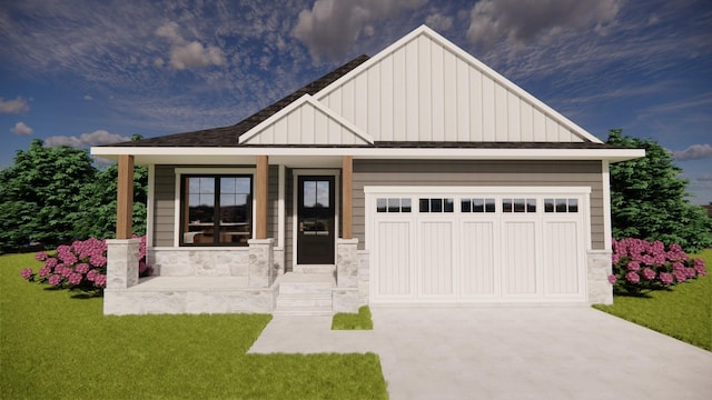 320 Laurel Curv, Golden Valley, MN 55426 - view of front facade with board and batten siding, concrete driveway, a front yard, a porch, and stone siding