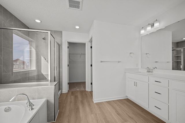 TBB Trinity, Shakopee, MN 55379 - bathroom featuring a stall shower, wood finished floors, vanity, a bath, and a spacious closet