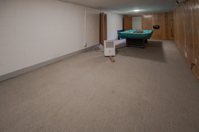 12423 93rd Ave N, Maple Grove, MN 55369 - recreation room with pool table, light colored carpet, concrete block wall, and wood walls