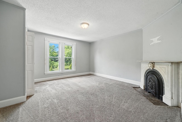 870 Clark St, Saint Paul, MN 55130 - unfurnished living room with carpet flooring, a textured ceiling, a fireplace with flush hearth, and ornamental molding