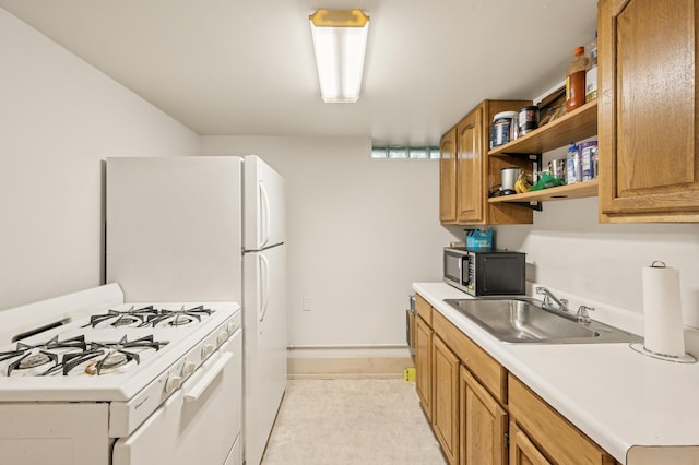 3420 Parkview Blvd, Robbinsdale, MN 55422 - kitchen featuring white appliances, light countertops, open shelves, and brown cabinetry