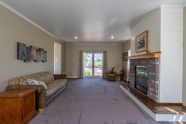 403 Riverview Dr SE, Warroad, MN 56763 - carpeted living area featuring crown molding, a fireplace, recessed lighting, and french doors