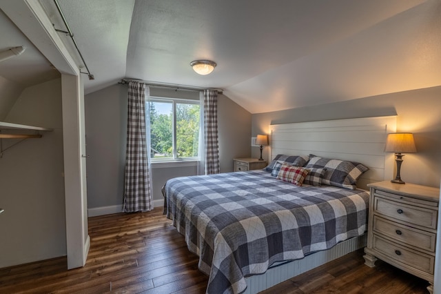403 Riverview Dr SE, Warroad, MN 56763 - bedroom with vaulted ceiling and dark wood-style flooring