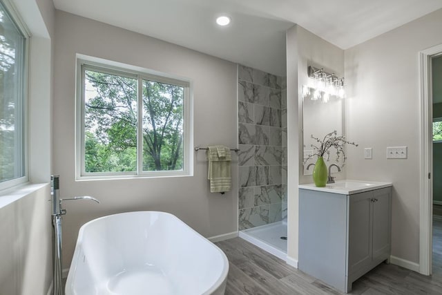 4220 Brookside Ave, Saint Louis Park, MN 55416 - full bathroom featuring vanity, a soaking tub, wood finished floors, recessed lighting, and tiled shower