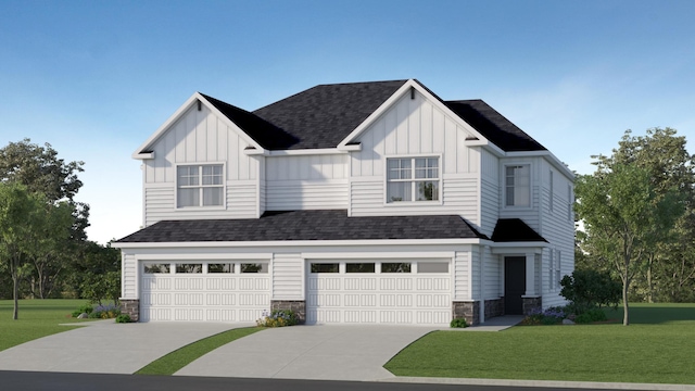 5413 Queens Dr NW, Rochester, MN 55901 - view of front facade with board and batten siding, a front yard, a garage, concrete driveway, and stone siding