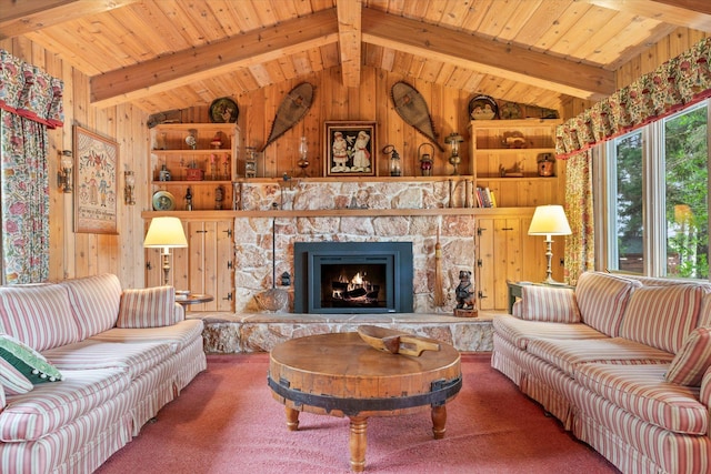 25761 Echo Bay Rd, Bay Lake Twp, MN 56444 - carpeted living room with wood walls, wood ceiling, and a stone fireplace