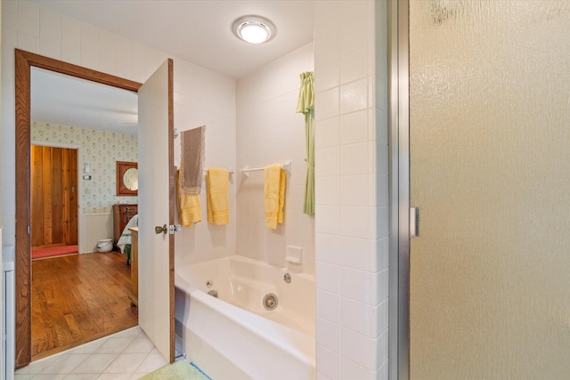 25761 Echo Bay Rd, Bay Lake Twp, MN 56444 - full bath with a shower with door, wallpapered walls, a whirlpool tub, and tile patterned floors