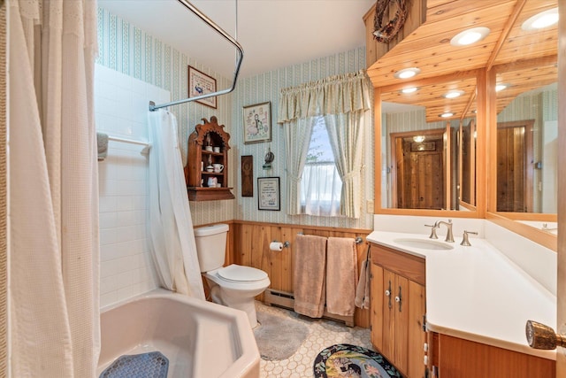 25761 Echo Bay Rd, Bay Lake Twp, MN 56444 - bathroom with wallpapered walls, wainscoting, vanity, shower / bathtub combination with curtain, and a baseboard radiator