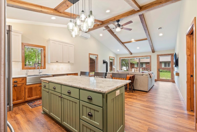 25761 Echo Bay Rd, Bay Lake Twp, MN 56444 - kitchen featuring green cabinets, white cabinets, ceiling fan, recessed lighting, and healthy amount of natural light
