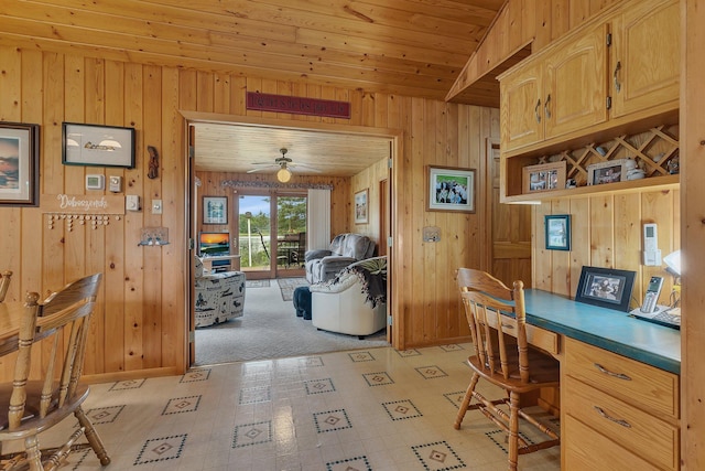 38071 248th St, Hillman, MN 56338 - home office featuring wood walls, built in desk, wood ceiling, light floors, and ceiling fan