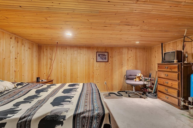38071 248th St, Hillman, MN 56338 - bedroom featuring wood ceiling, wooden walls, and recessed lighting