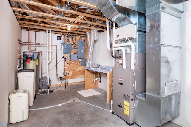 210 1st St, Arthur, ND 58006 - unfinished below grade area with electric panel, heating unit, and a water softener