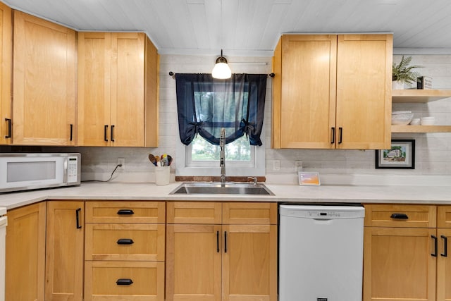 721 1st St N, Waterville, MN 56096 - kitchen with white appliances, light countertops, open shelves, light brown cabinetry, and wood ceiling