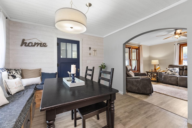 721 1st St N, Waterville, MN 56096 - dining area with arched walkways, wood finished floors, a ceiling fan, crown molding, and wooden walls