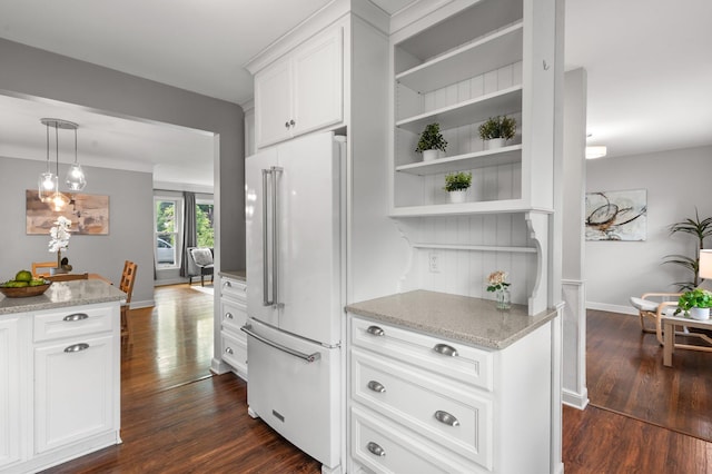 6045 Oakland Ave, Minneapolis, MN 55417 - kitchen with high end white refrigerator, dark wood finished floors, white cabinetry, and light stone counters