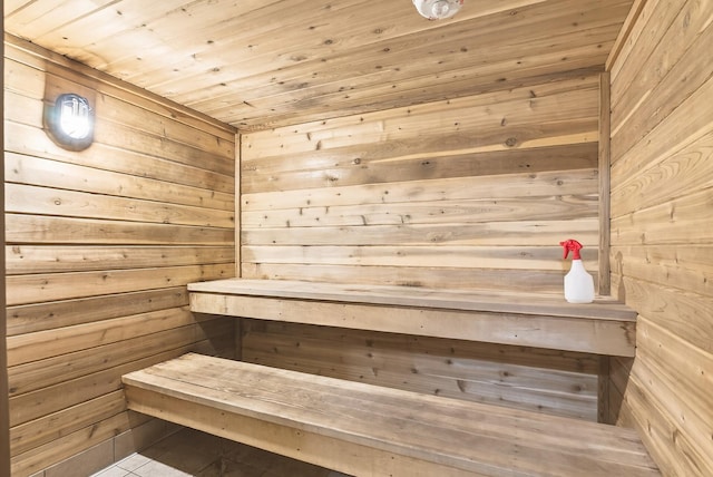 4371 Wilshire Blvd Unit 107, Mound, MN 55364 - sauna / steam room featuring wood walls, wood ceiling, and tile patterned floors