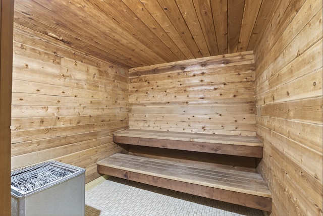 4371 Wilshire Blvd Unit 107, Mound, MN 55364 - relaxing sauna / steam room featuring wood walls, tile patterned flooring, and wooden ceiling
