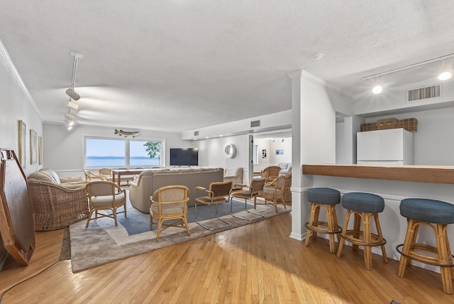 4371 Wilshire Blvd Unit 107, Mound, MN 55364 - living area featuring track lighting, a textured ceiling, wood-type flooring, and ornamental molding