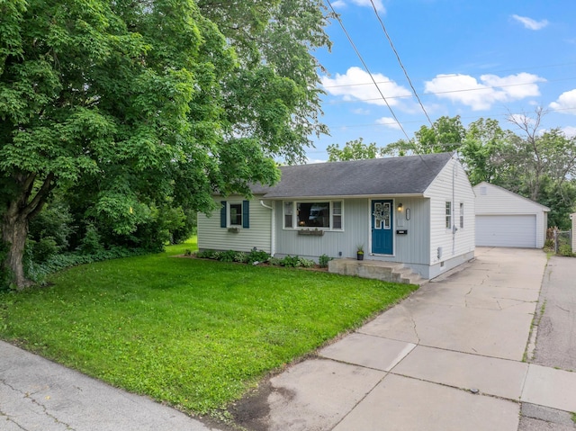 1622 3rd St NE, Rochester, MN 55906 - view of front of house with an outdoor structure, a detached garage, a front lawn, a shingled roof, and crawl space