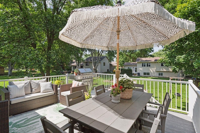 704 Lexington Ave N, New Prague, MN 56071 - wooden terrace featuring outdoor dining space, an outdoor living space, a yard, and area for grilling