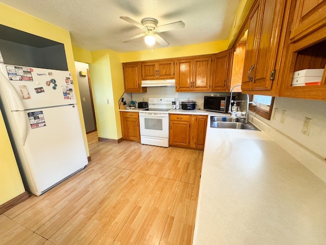 1908 Summit Ave, Worthington, MN 56187 - kitchen with white appliances, under cabinet range hood, brown cabinets, light countertops, and ceiling fan
