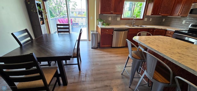 961 39 1/2 Ave W, West Fargo, ND 58078 - kitchen with stainless steel appliances, a breakfast bar area, backsplash, and light countertops