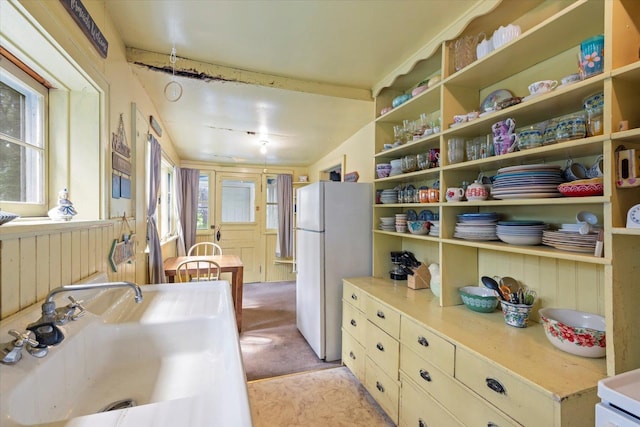 31905 Jefferson Blvd, Greenway Twp, MN 55775 - kitchen featuring freestanding refrigerator and open shelves