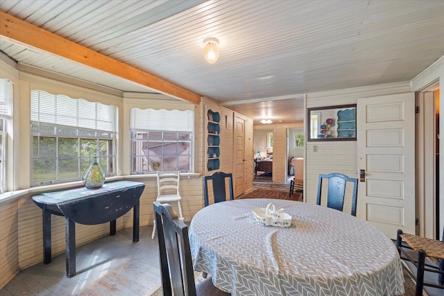 31905 Jefferson Blvd, Greenway Twp, MN 55775 - dining area featuring wood-type flooring, wood walls, and wood ceiling