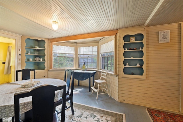 31905 Jefferson Blvd, Greenway Twp, MN 55775 - dining area featuring hardwood / wood-style floors, wood walls, and wooden ceiling