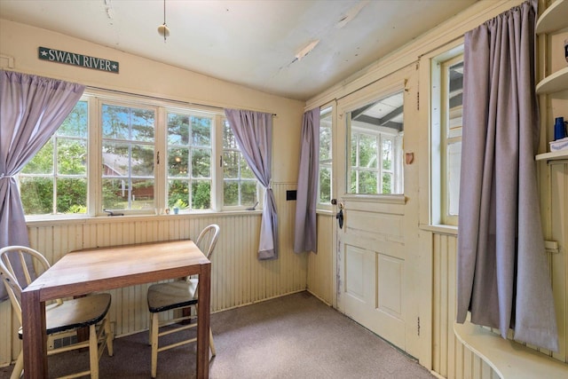 31905 Jefferson Blvd, Greenway Twp, MN 55775 - dining room featuring carpet, wainscoting, and wood walls